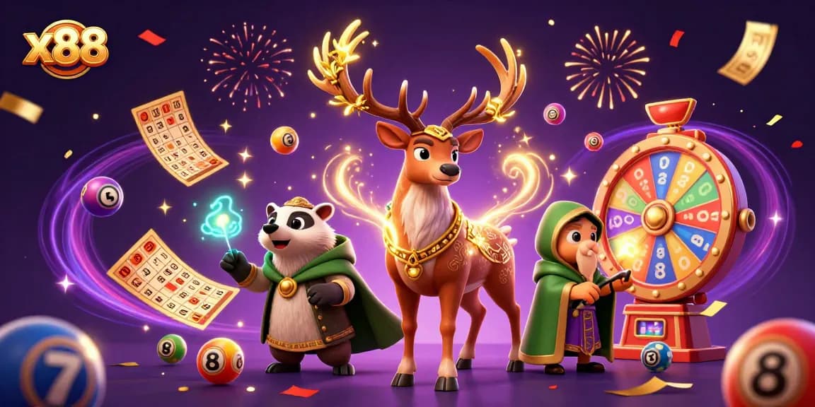 Experience exhilarating wins at x88 with vibrant games and mystical settings in this dynamic illustration.