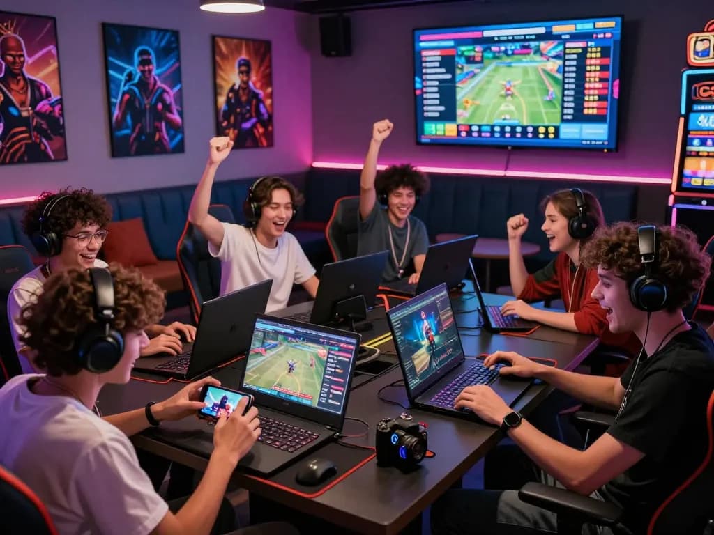 Luckywin gaming lounge with diverse players enjoying exciting online games on multiple devices.