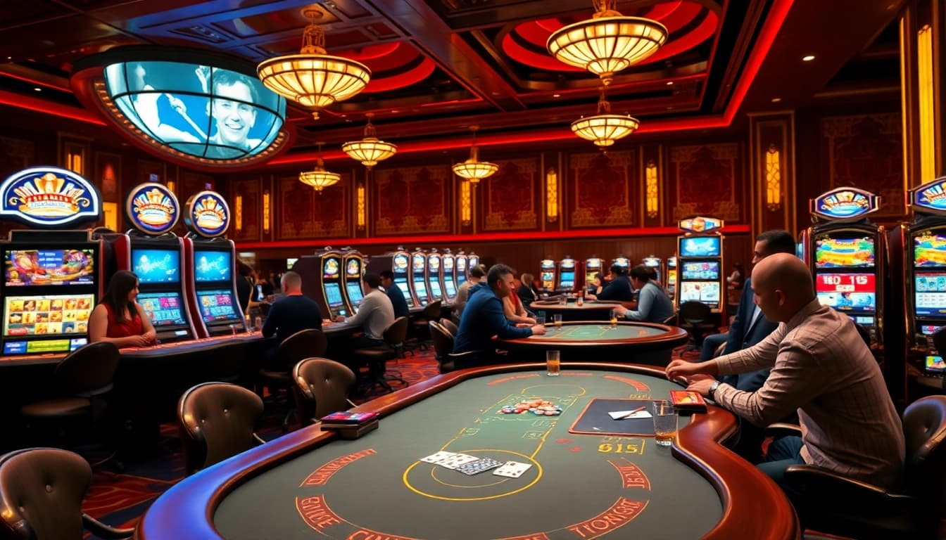Engaging scene of online casino Singapore with players at poker tables, highlighting luxury and excitement.