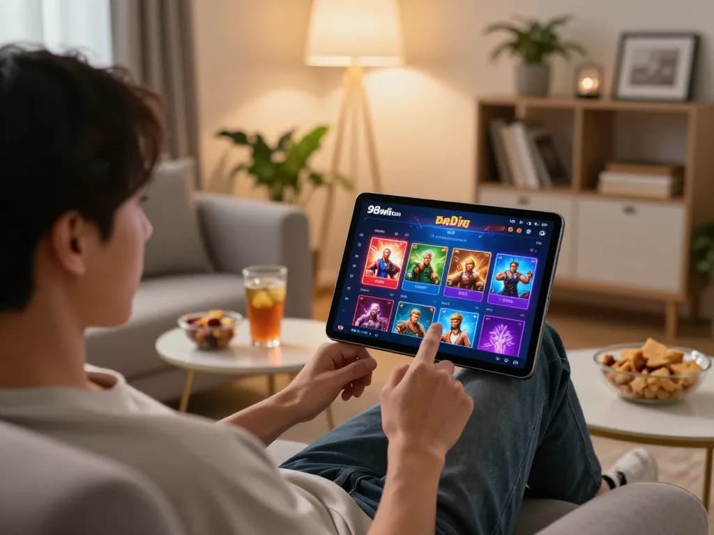 Engaged player using the 98win com app on a tablet for online gambling.