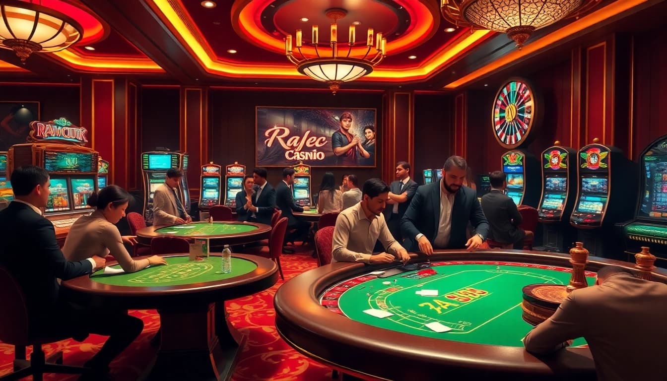 Raja luck players celebrating big wins at a luxury casino table with poker chips.