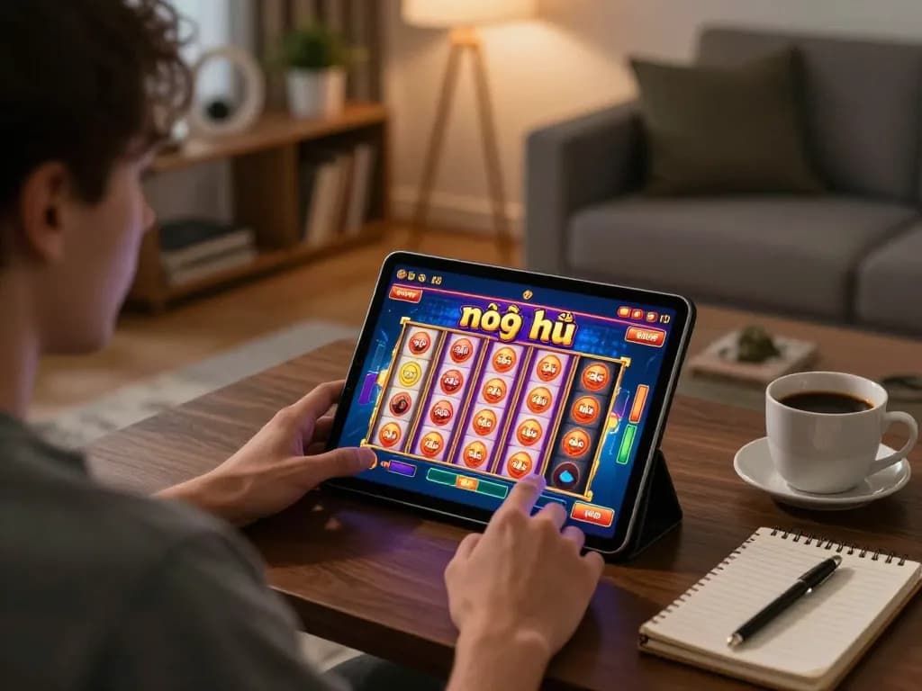Player engaging with 'nổ hũ' slots on a tablet in a cozy home setup for responsible gambling.