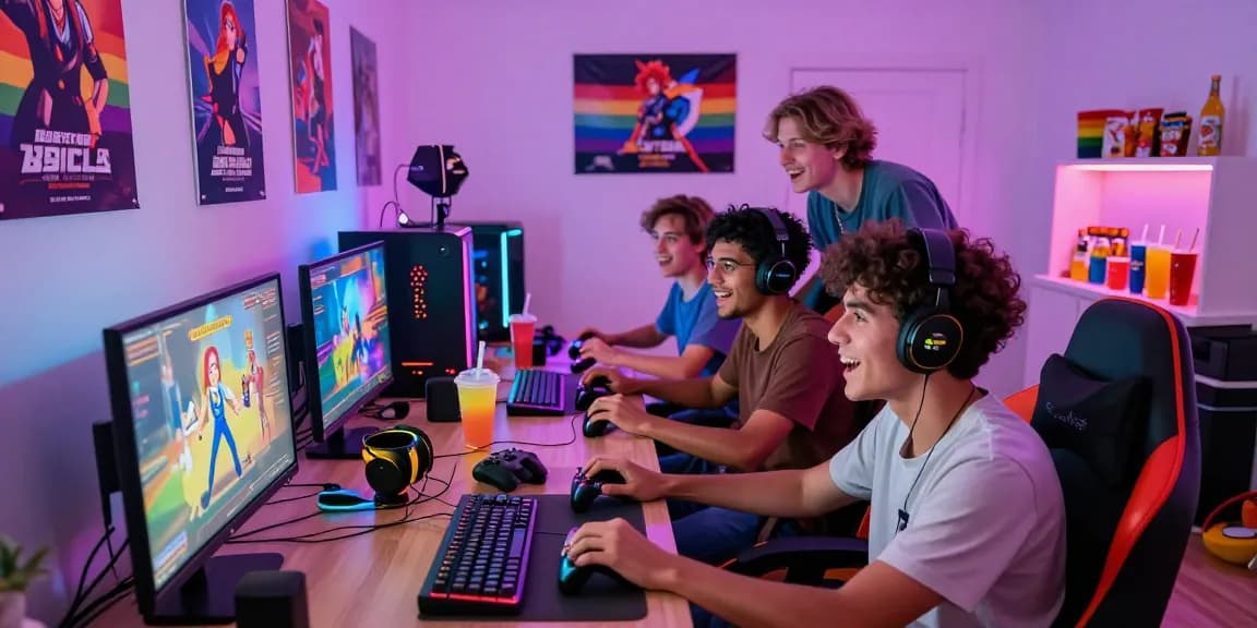 Friends enjoying a gay ecchi game in a colorful gaming room with festive decorations and snacks.
