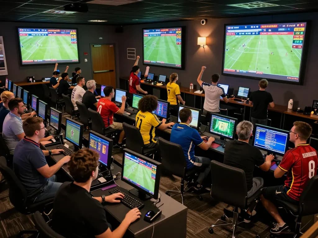Engaged sports fans placing bets on 7m soccer results in a lively betting arena.