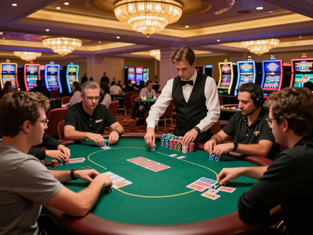Players engage in strategic poker gameplay during a thrilling HM88 tournament in an upscale casino.