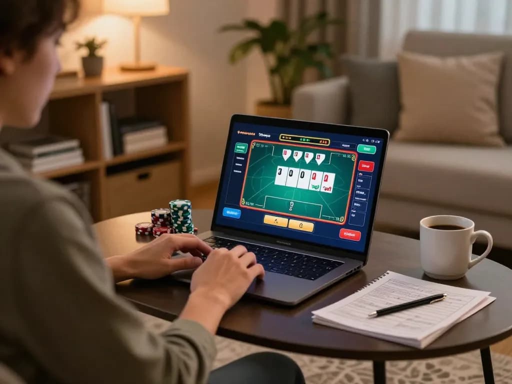 Ligalgo user engaged in a strategic online poker game at home, showcasing a cozy gaming environment.