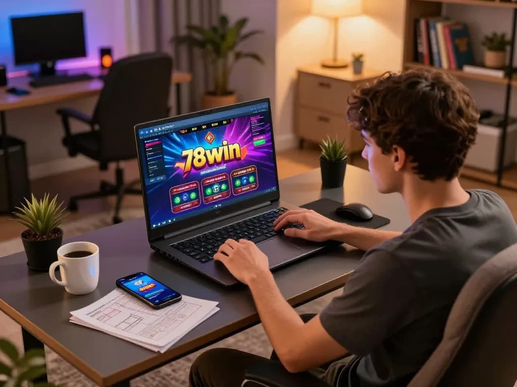 A player enjoying games on the 78win online casino interface, surrounded by strategic notes and engaging atmosphere.