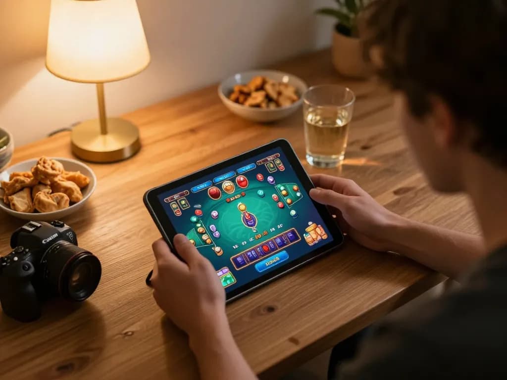 Xocdia88 online gaming scene with a person enjoying a live dealer game on a tablet, cozy home setting