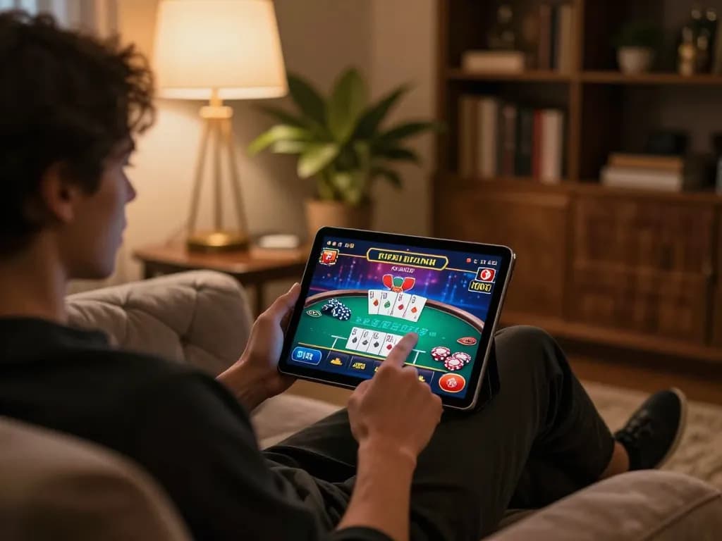 Engaging in online poker gaming with bk8 on a tablet in a cozy living room atmosphere.