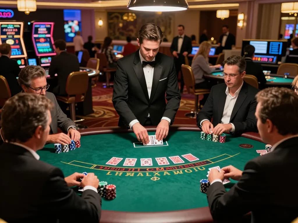 Engaged players at blackjack table in Las Vegas casino, showcasing situs botanicabali gaming thrills and strategies.