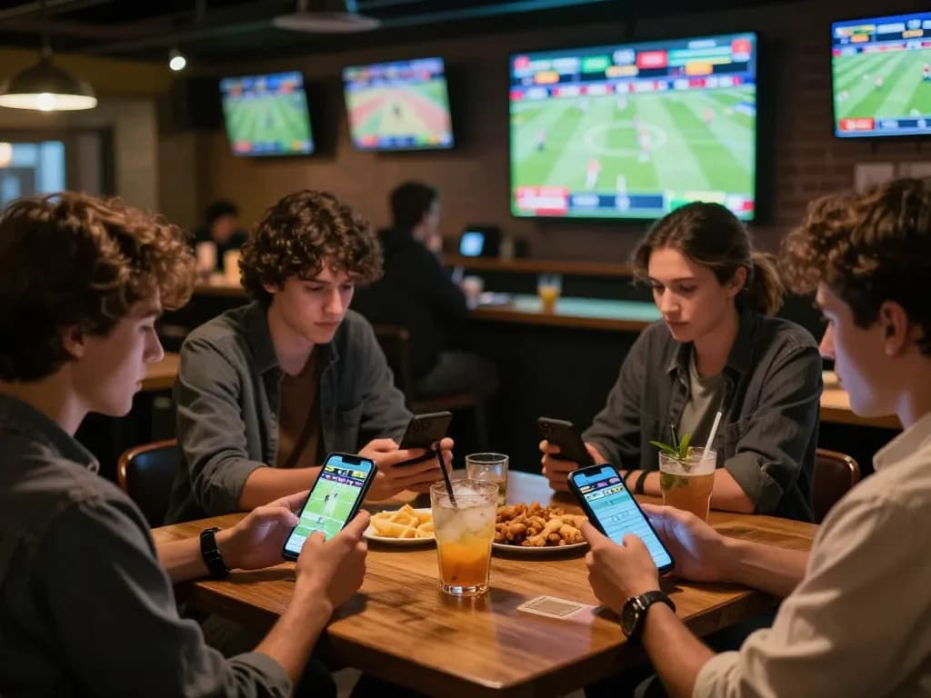Sports bettors engaging with nhà cái gg88 at a lively sports bar while checking live scores and placing bets on mobile devices.