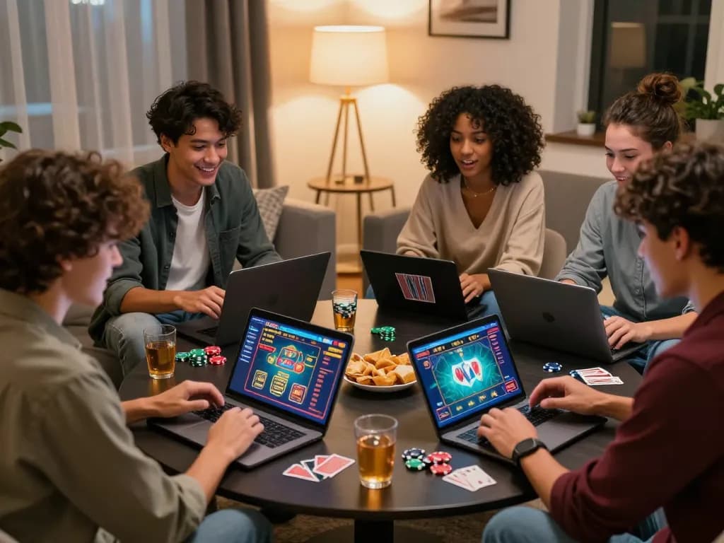 Friends enjoying Canada online casinos together while strategizing and placing bets in a cozy home setting.