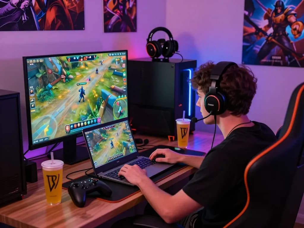Engaged player exploring web sunwin gaming in a vibrant setup with colorful lights and gaming accessories.