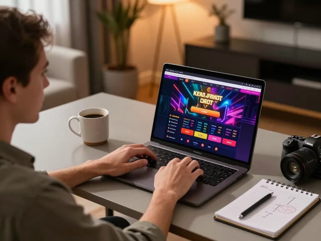 Engaging with kerajaanslot online gaming on a laptop in a comfortable home office.