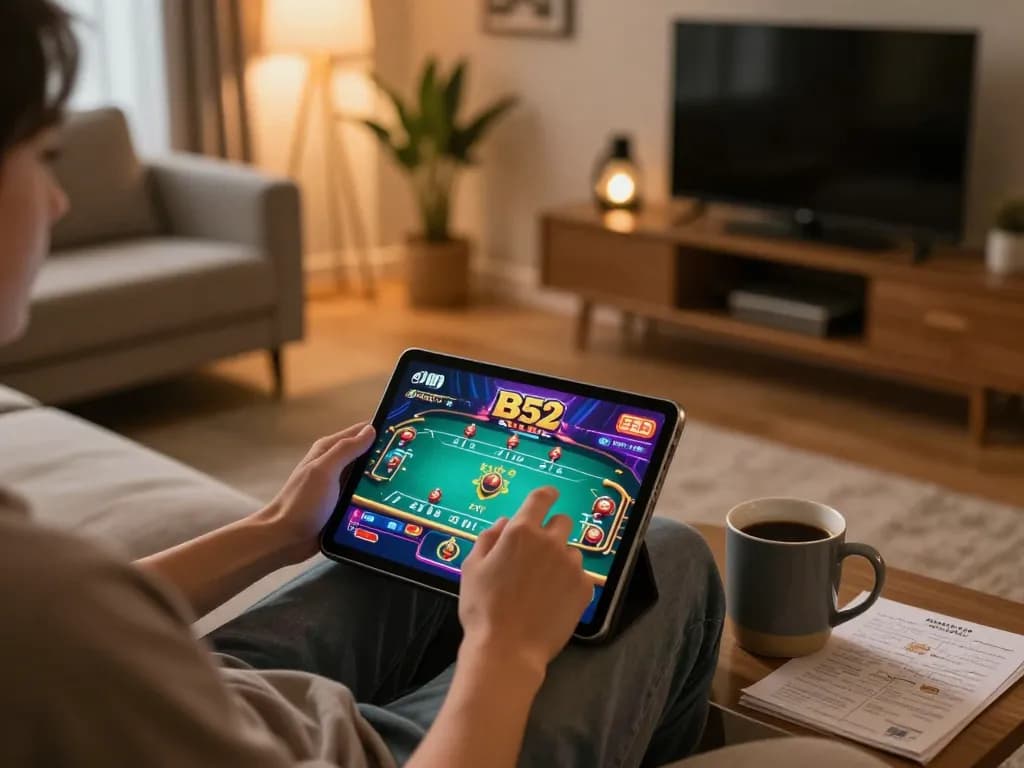 Play B52 Club on tablet in a cozy home setting with bright game interface visible.