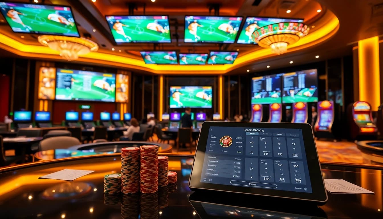 Professional gambler analyzing Nhà cái cá cược thể thao live odds with poker chips and betting slips