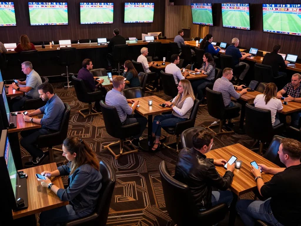 n188 patrons placing bets in an energetic sports betting lounge, watching live games