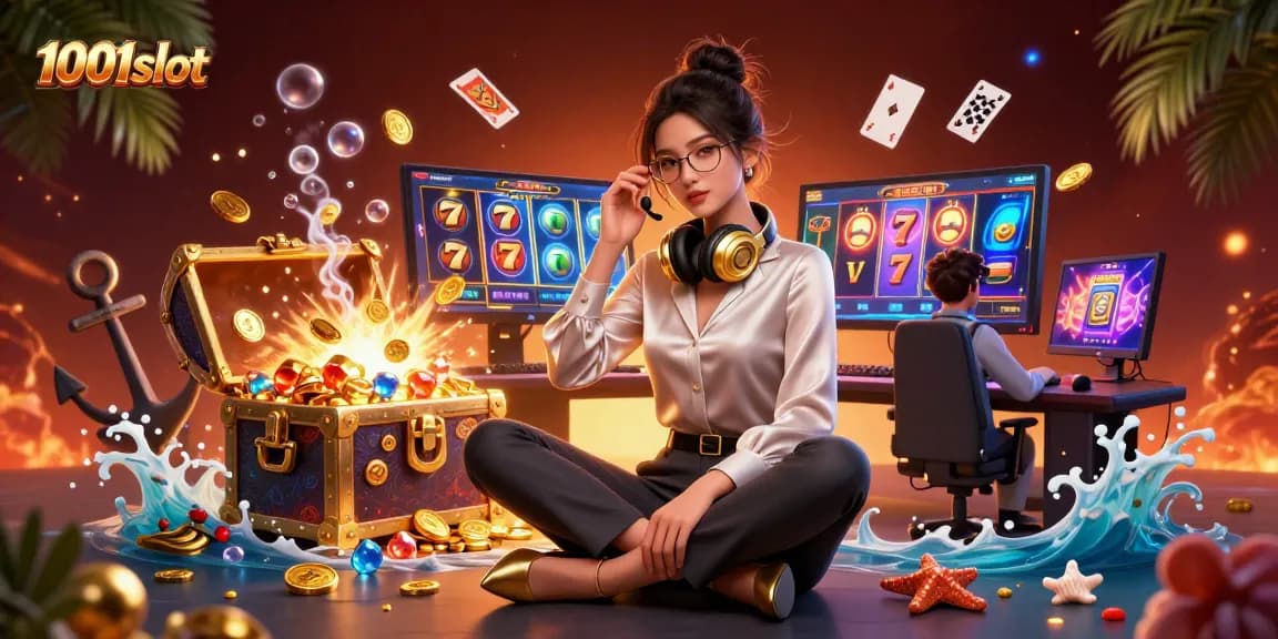 Experience the thrill of 1001slot with a vibrant 3D gaming scene showcasing a stylish gamer.