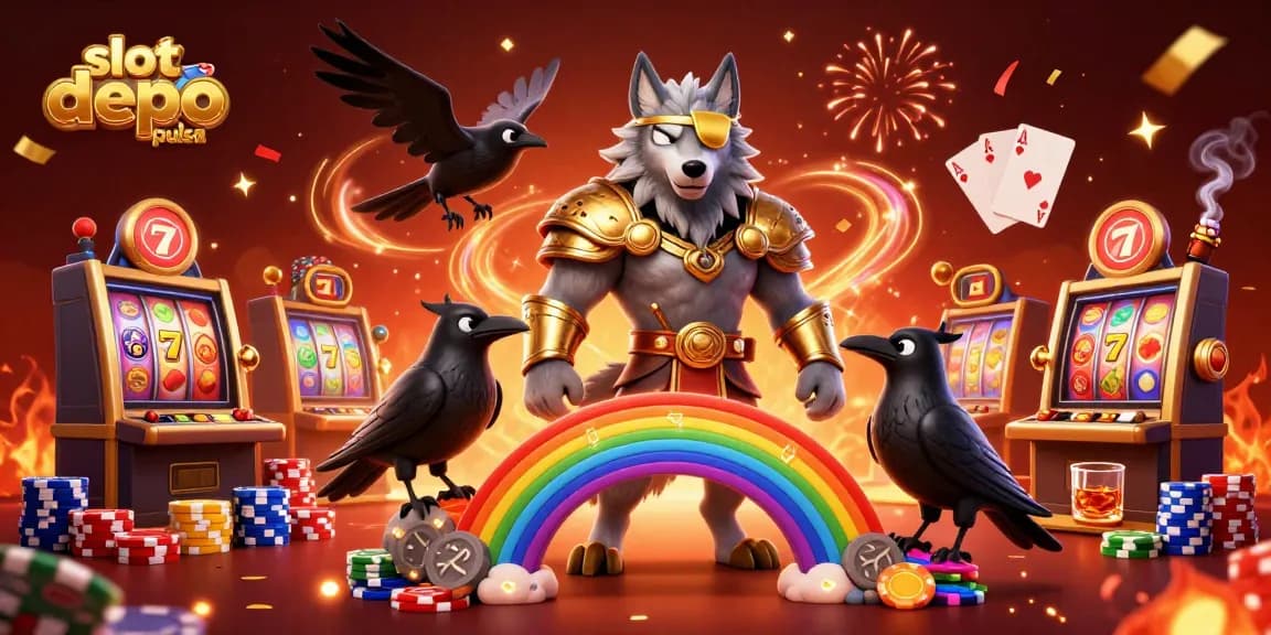 Visualisasikan pengalaman menang dalam slot depo pulsa dengan karakter mitologi berdiri di depan mesin slot.
