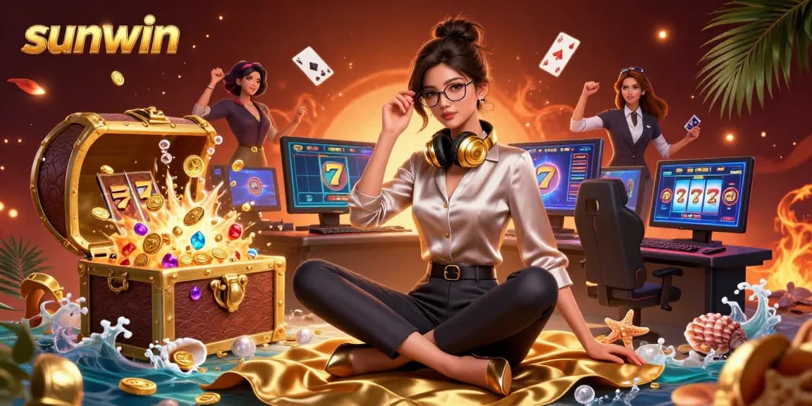 Experience thrilling wins with sunwin at a high-tech gaming setup, filled with vibrant casino elements.