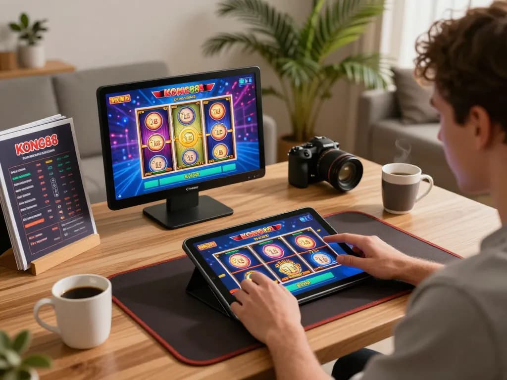 KONG88 player enjoying exciting slots on a tablet in a cozy home setting, focused on responsible gaming.