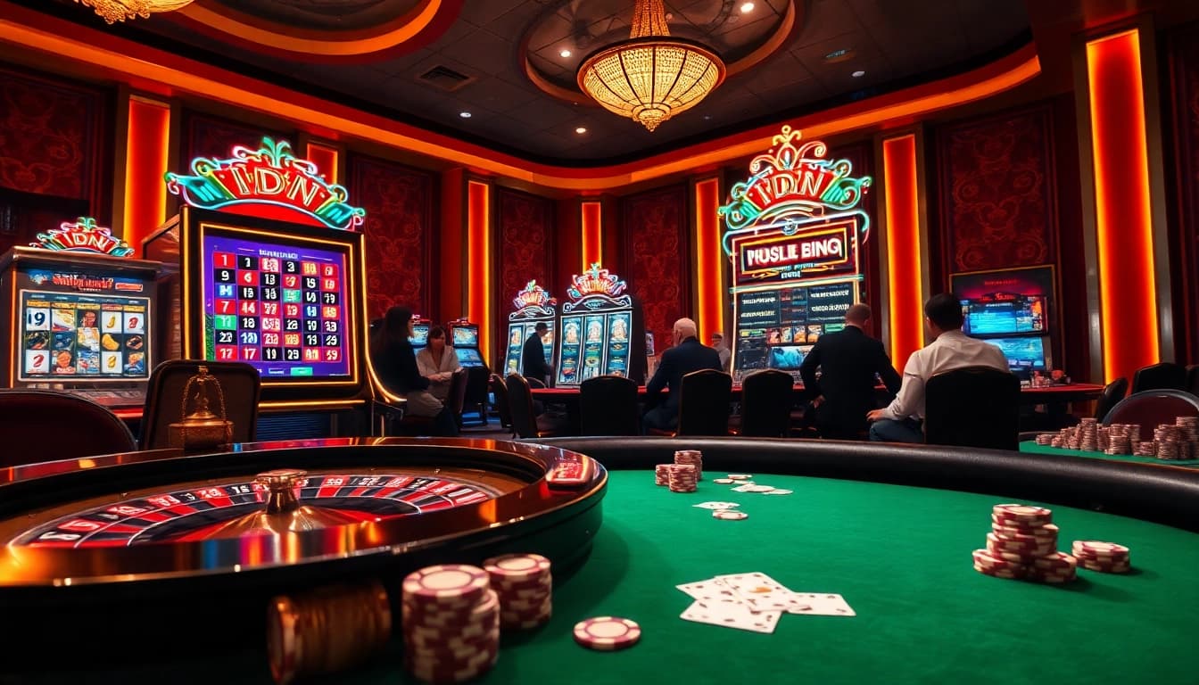Play the exciting idn slot machine in this vibrant casino scene filled with gaming action.