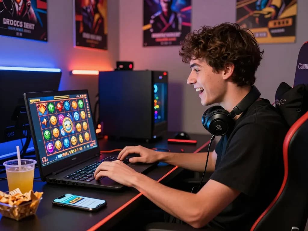 Exciting online gaming setup with kdslot visuals illuminating a laptop screen and vibrant symbols creating an engaging atmosphere.