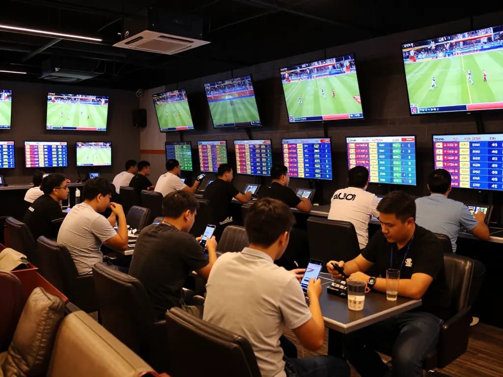 Engaging sports betting lounge showcasing tỷ lệ kèo trực tuyến with fans filled with excitement