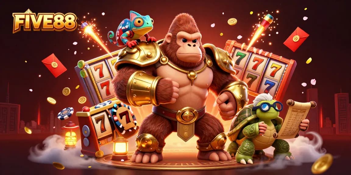 Experience the excitement of FIVE88 casino gaming with animated slot reels and colorful characters in a vibrant 3D scene.