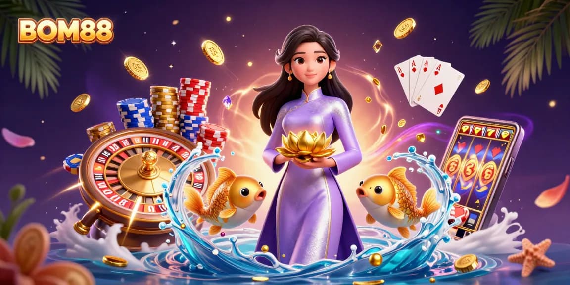 BOM88 captivates with a vibrant illustration showcasing an Asian woman amidst golden casino elements, embodying excitement.