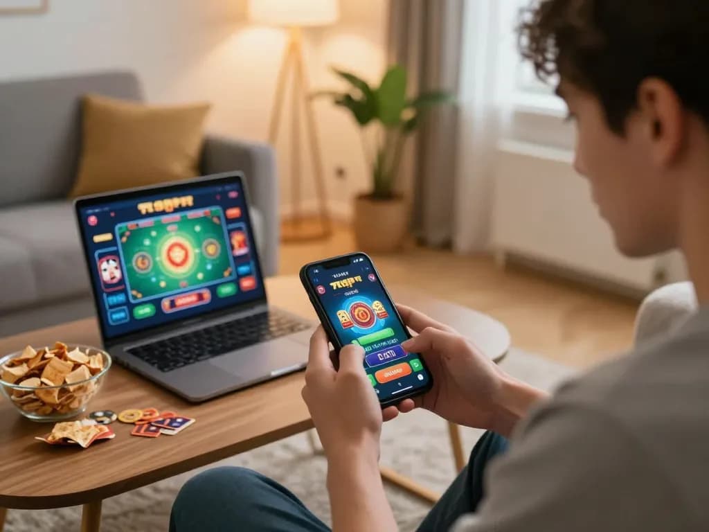Player enjoying mobile gaming at home with the 789P casino app on smartphone.