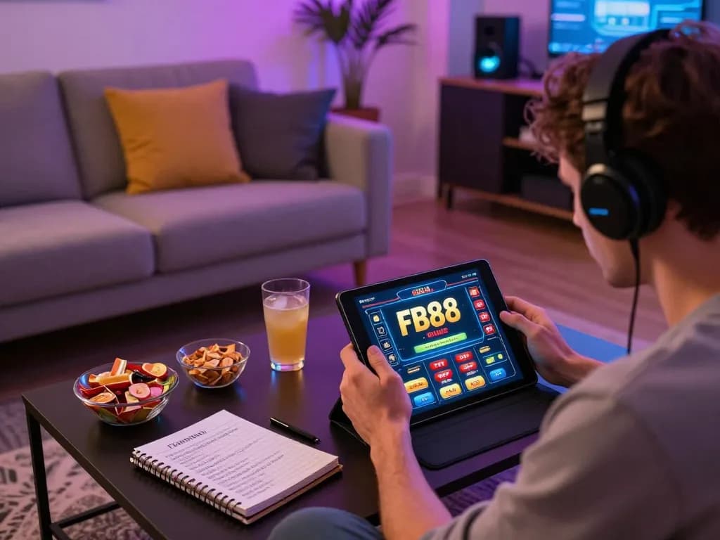 Engaging session of online casino gaming at home with FB88 app on tablet, showcasing strategic play