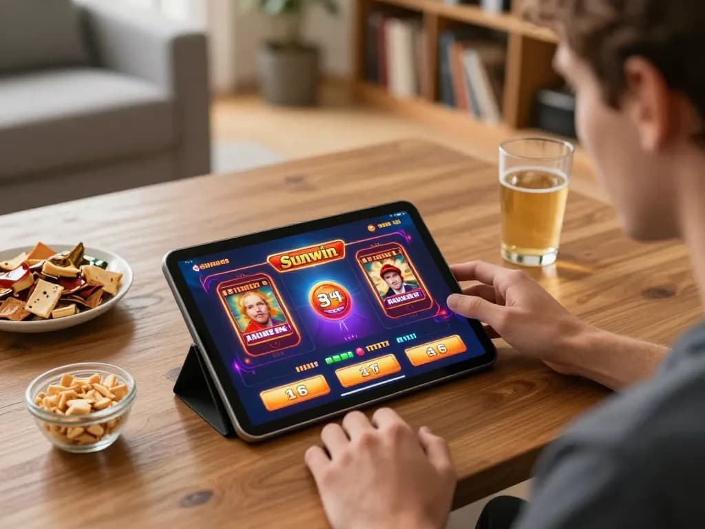 Player engaging with the Sunwin app on tablet in a cozy home setting, showcasing online gambling