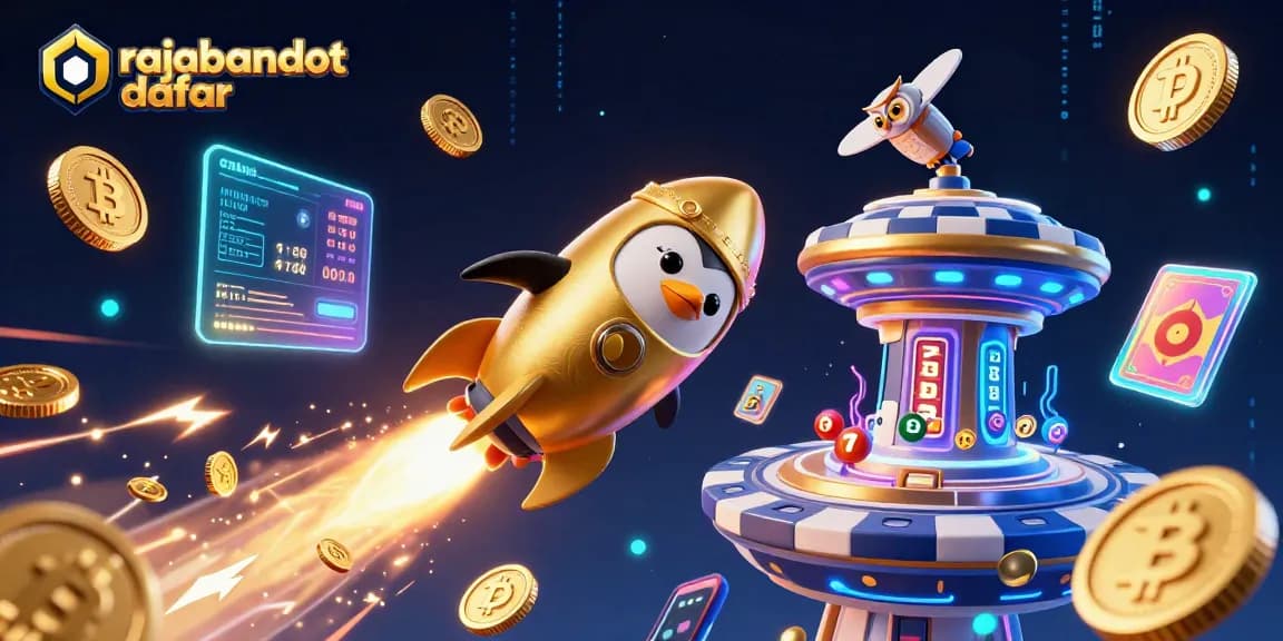 rajabandot daftar showcases a golden penguin soaring past a vibrant space casino with cryptocurrency elements.