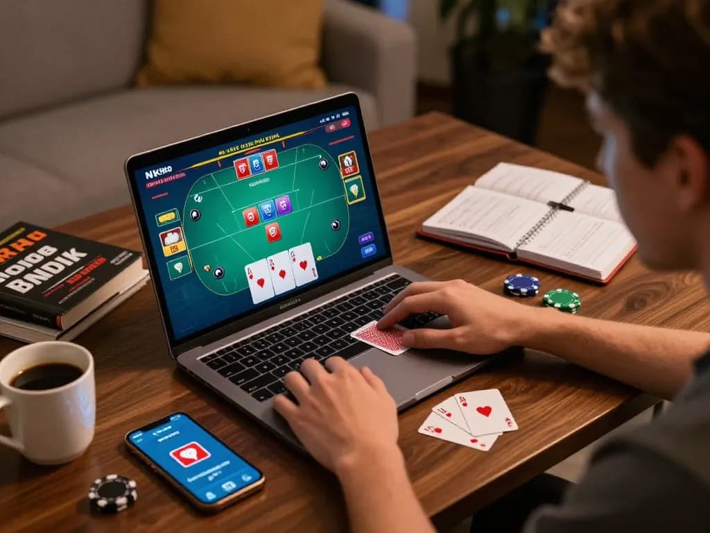 Engaging in a poker game on NK88's online platform with betting options on display and strategic notes nearby.