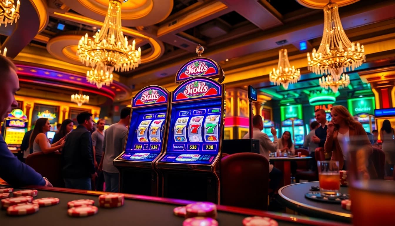 Mainkan slot resmi dengan mesin judi yang bersinar dan pemain bersemangat di kasino.