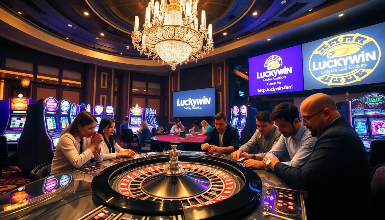 Engaged players at https://luckywin.fan/ enjoying a vibrant casino scene with roulette and slots.