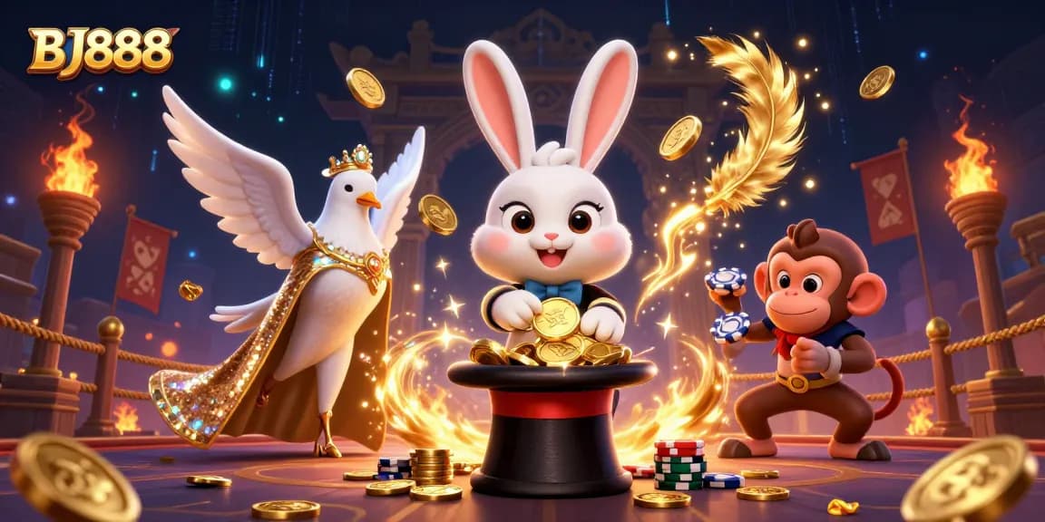 BJ888 captures a magical casino scene with cartoon characters and vibrant gaming elements.