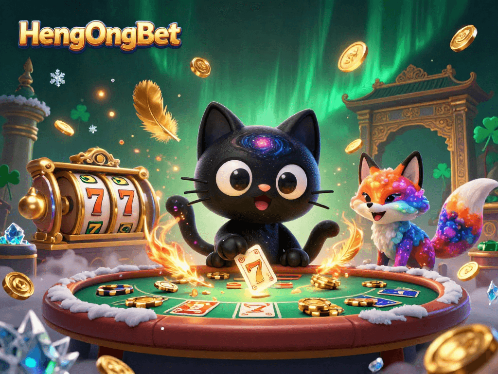 Engage in cosmic gaming fun with HengOngBet as a whimsical black hole cat spins golden chips.