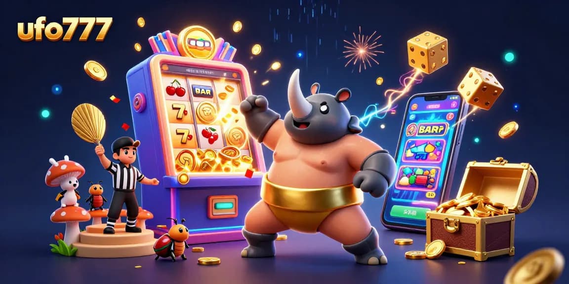 Experience thrilling gameplay with ufo777's cartoon-inspired casino scene full of action and excitement.