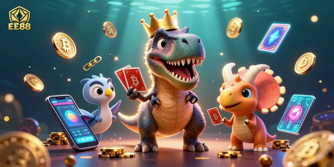 Experience the excitement of EE88 with vibrant casino characters amid glowing crypto coins and gaming action.