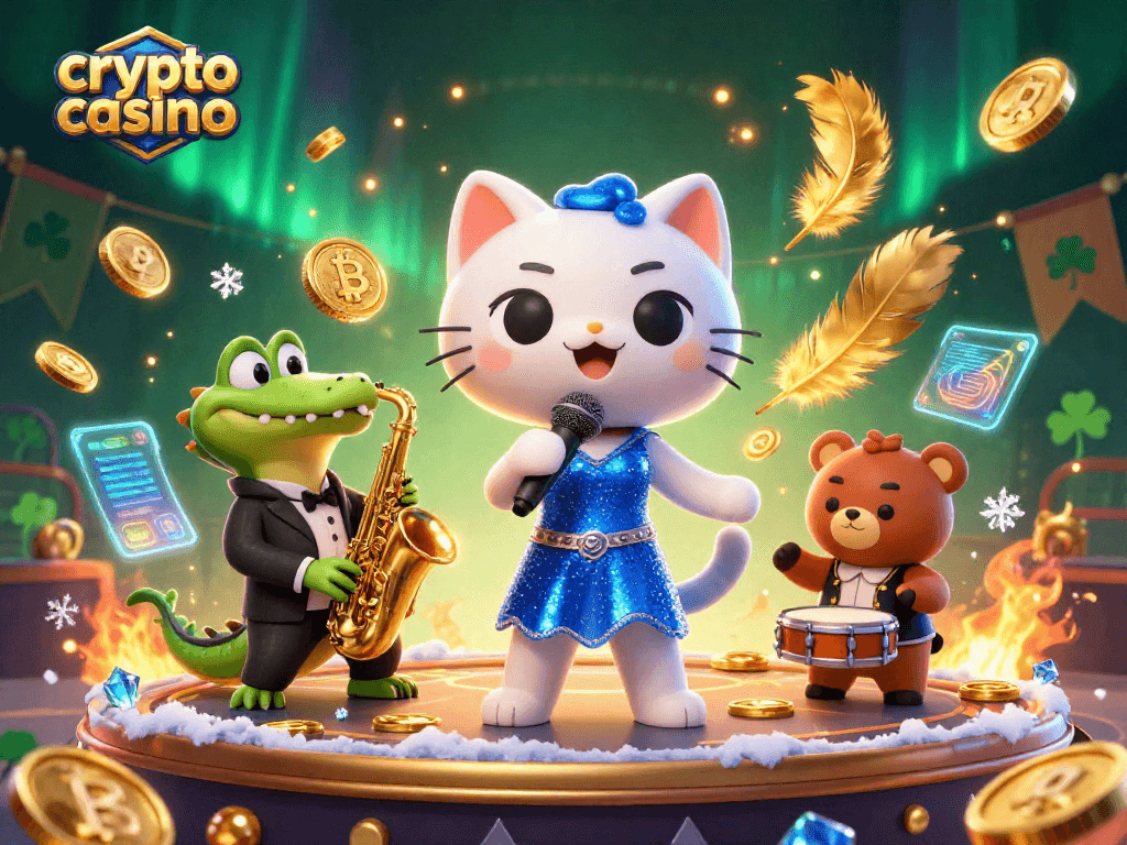 A vibrant crypto casino scene featuring a jazz-singer cat, sax-playing crocodile, and drum bear surrounded by coins and blockchain elements.