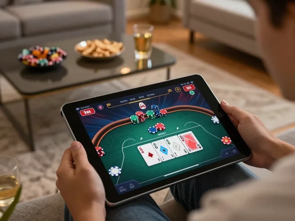 Kuwin online poker gameplay showcasing strategic card placement in a cozy home setting.