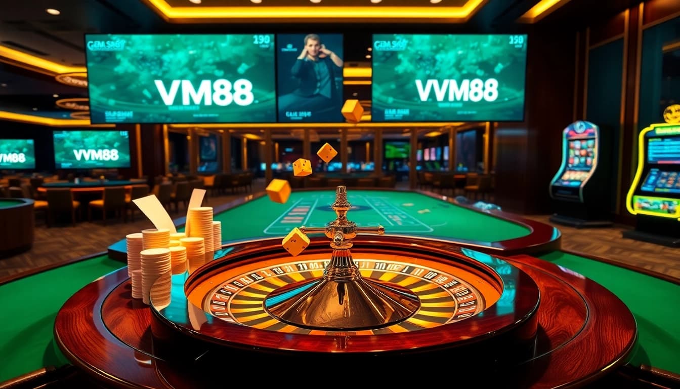 Engaging VM88 online casino interface showcasing professional poker chip stacking and roulette spin action