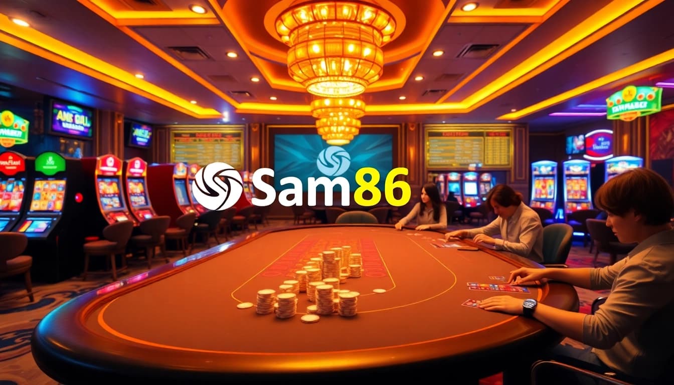 Players enjoying games at Sam86's online casino with vibrant slot machines and poker tables.
