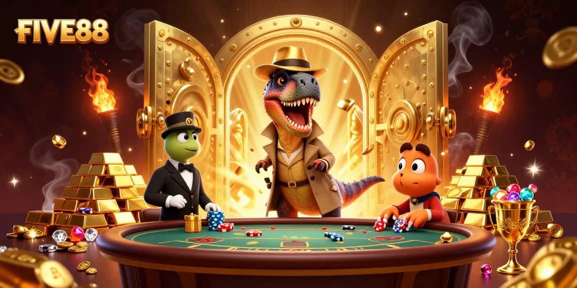 Engage with the thrilling casino world of FIVE88 featuring a clever velociraptor card counter at a blackjack table.