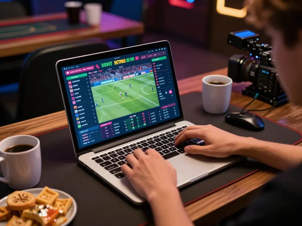 Engaging in sports betting on okwin with live odds displayed on a laptop, creating an immersive gaming experience