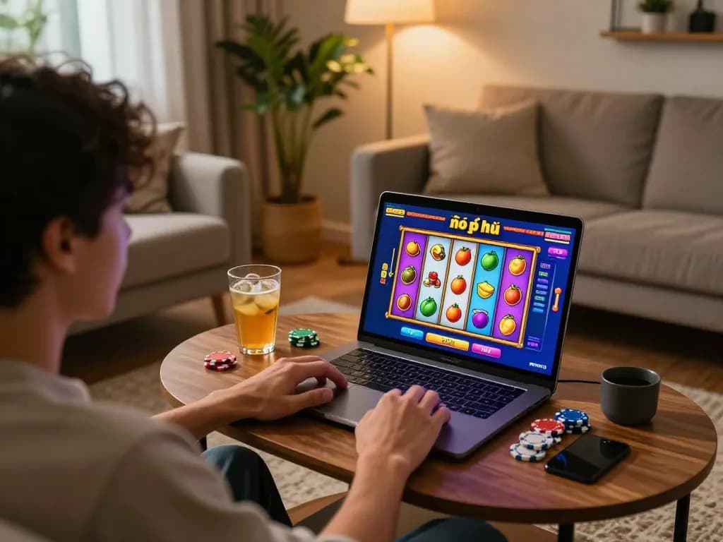 Engaging in nổ hũ gameplay on a laptop in a cozy home setting, showcasing a vibrant online gaming moment.