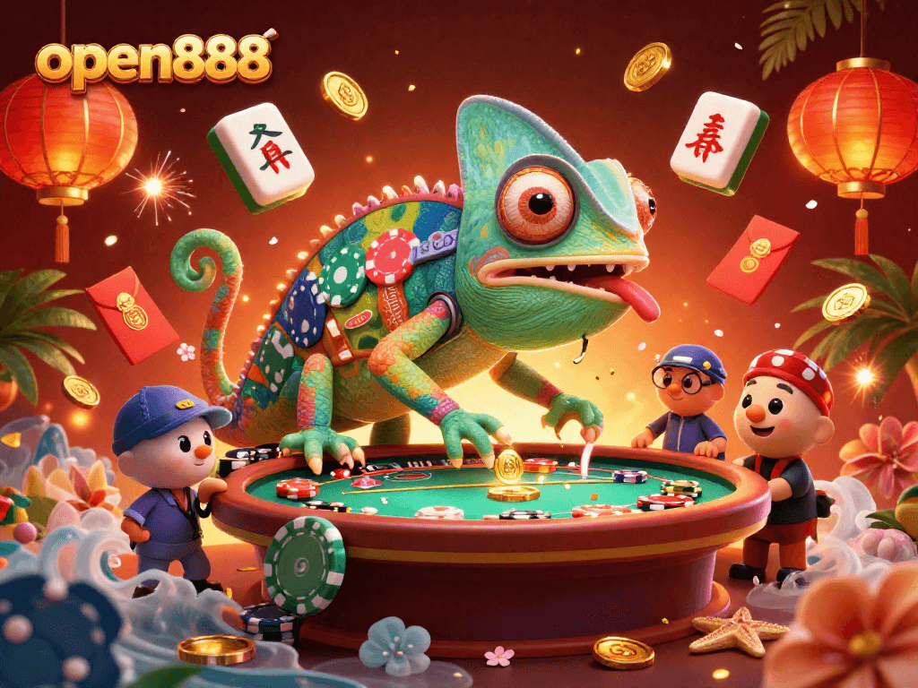 See open888 chameleon casino owner collecting golden coins amidst vibrant gaming elements.