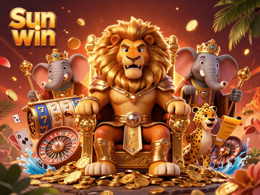 Win big with Sun win in this vibrant 3D casino scene featuring a lion king and golden elements.